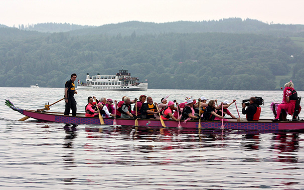 Our two dragon boats on the water with 'The Tern' celebrating 20 years of BCS paddling.