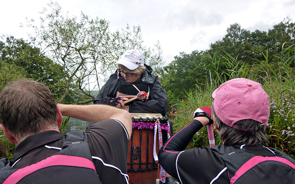 It is not always easy being the drummer higher up on the boat when paddling near vegetation.