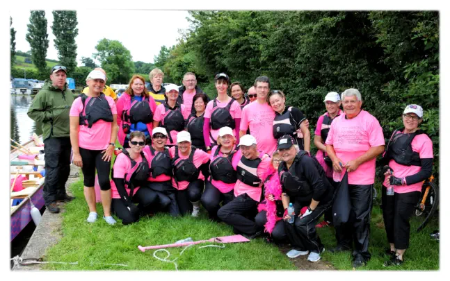 The dragon boat crew that completed the first leg of the Lancaster canal challenge in 2016 from Bilsborrow to Lancaster.